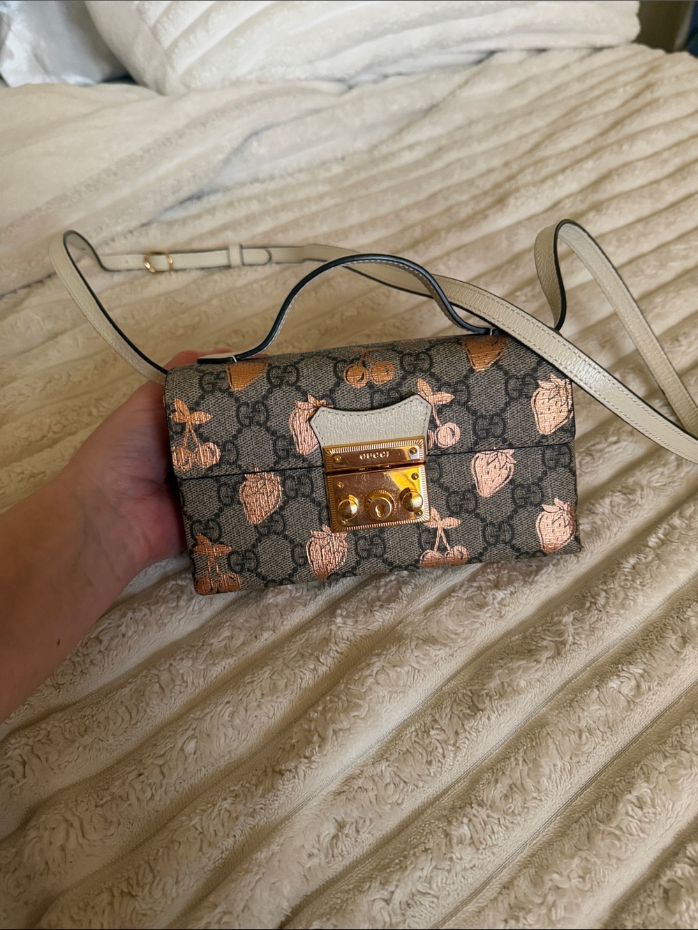 Gucci Beige Monogram Crossbody with Pink Metallic Strawberry Detail